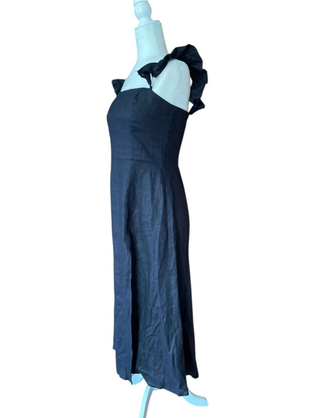 Reformation Spaulding 100% Linen Dress Sz 8  Black Ruffle Strap Formal Date - Picture 7 of 15